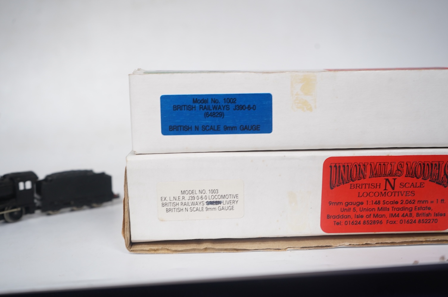 Two boxed Union Mills Models N gauge railway LNER/BR locomotives; a Class J39, and a Class J39, 64829. Condition - good.